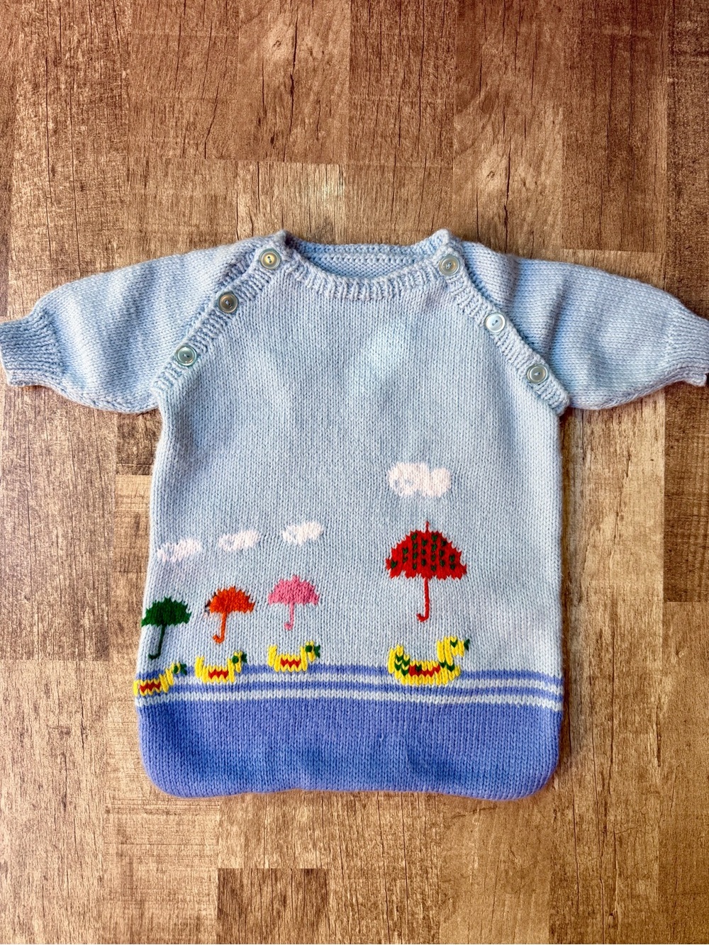 Vintage Hand Knit Baby Light Blue Sleep Sack Ducks & Umbrellas Button Shoulder